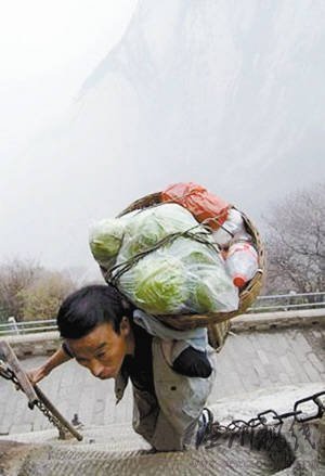 何天武背着60多斤的菜，一只手拄拐杖登临山顶。