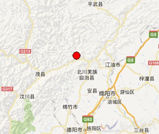 四川省北川县3.9级地震震中位置