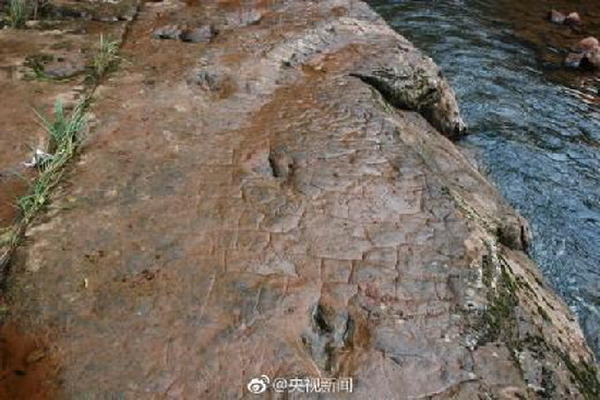 贵州河滩现怪脚印