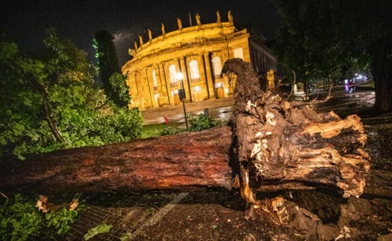 2021年6月28日，德国南部斯图加特的歌剧院前一棵大树被大风连根拔起。