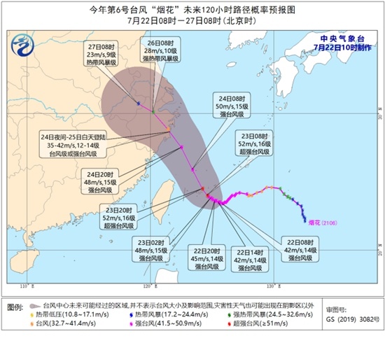 上海台风烟花最新消息，7月22日预报路径。