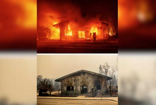 加州野火前后：照片显示了2021年8月5日（上图）和8月6日烧毁后的房屋（下图）