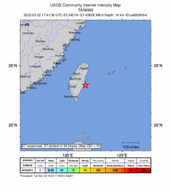 台湾台东县海域发生6.6级地震