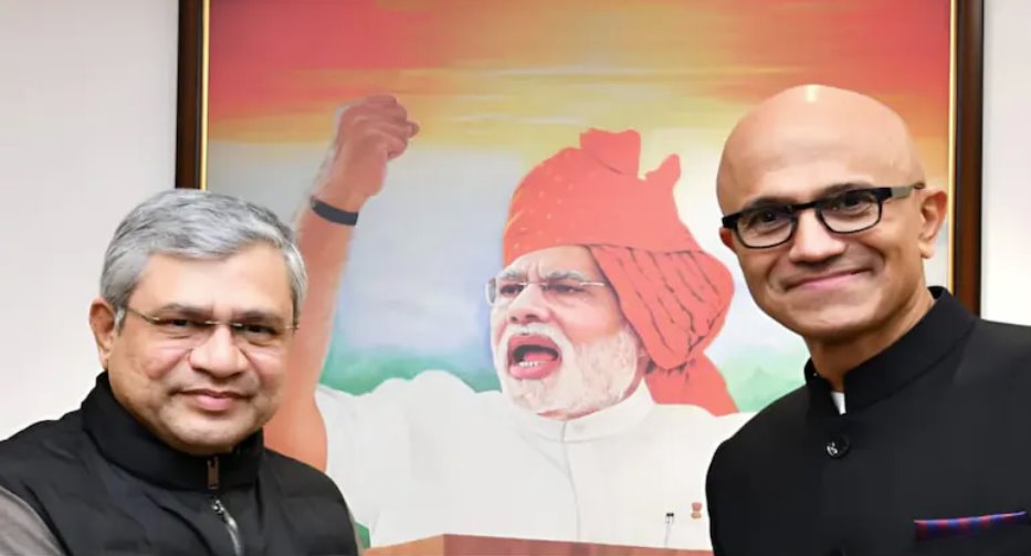 周二,联邦部长阿什维尼·瓦伊什纳夫会见了微软首席执行官萨蒂亚·纳德拉。